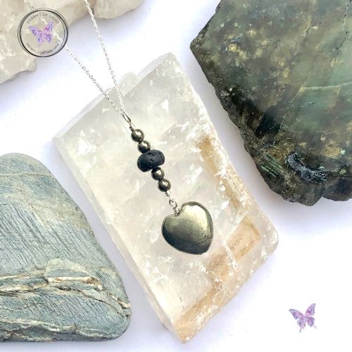 Pyrite Heart & Lava Stone Pendant Necklace